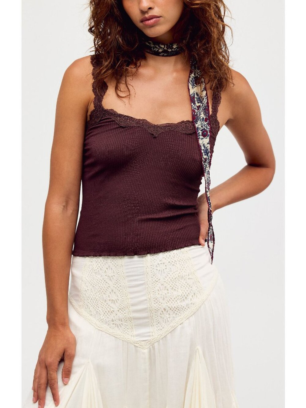 Free People Ribbed Lace Trim Tank Top - Chocolate Brown